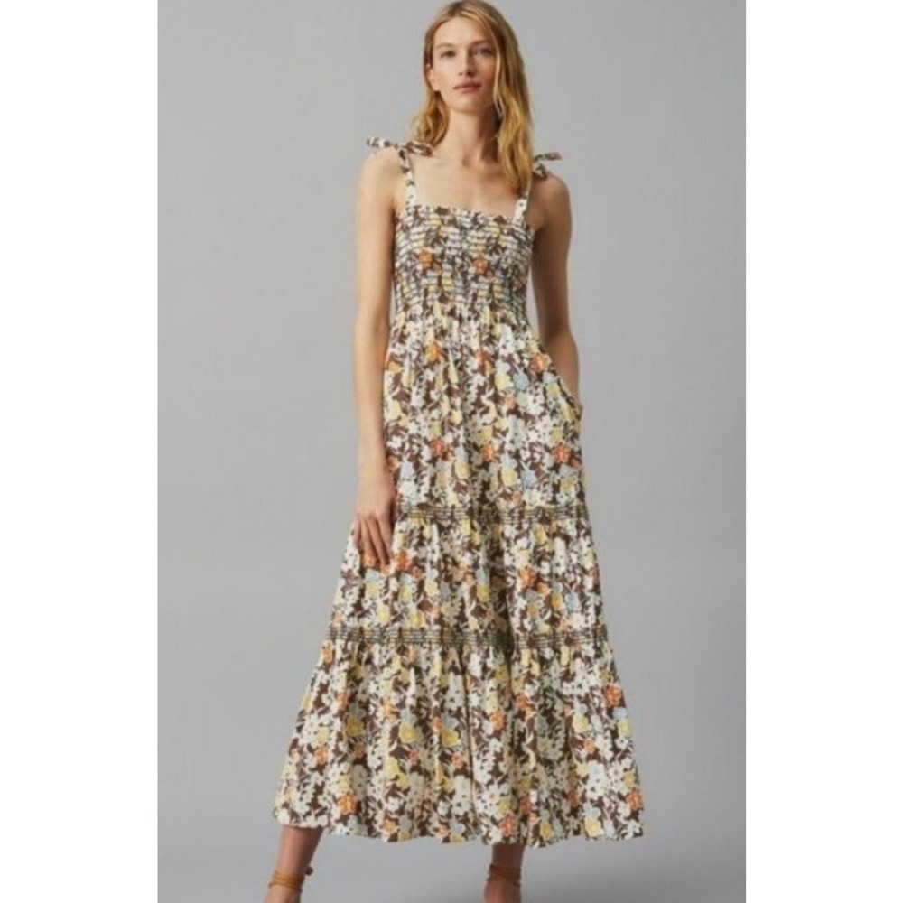Tory Burch Floral Tie Shoulder Midi Dress XS Smocked Cotton Blend